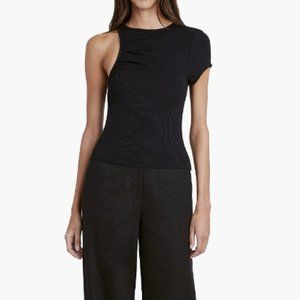 Asymmetrical Top with One Short Sleeve and Ruched Detailing